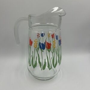 ARC Vintage‎ Glass Tulip Pitcher Mid Century Modern Floral Tea Water Blue Yellow